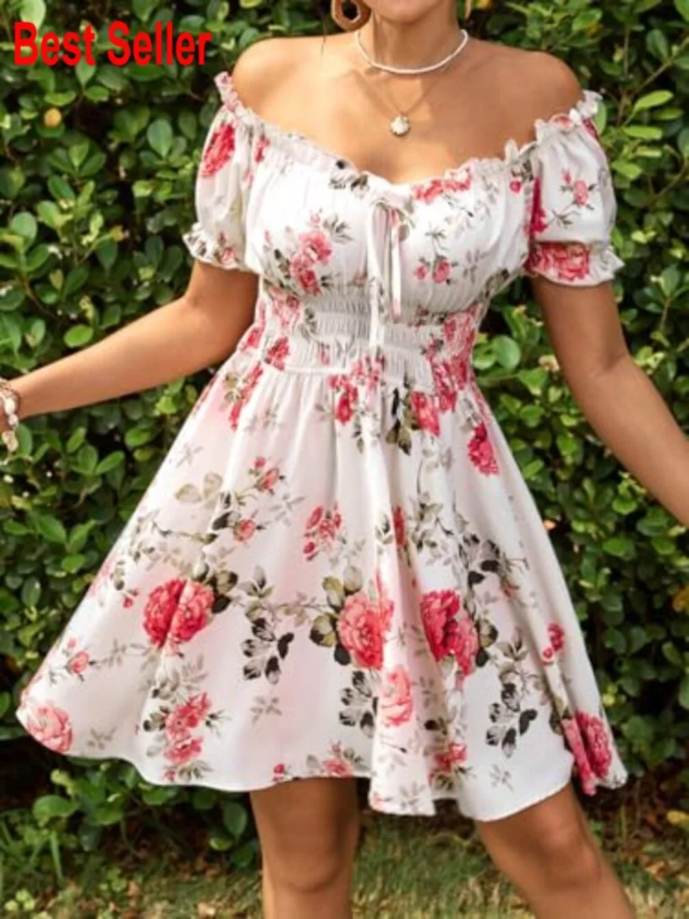 Polyester Off Shoulder Ruffle Puff Sleeve Smocked Short Dress - Picture 2 of 6